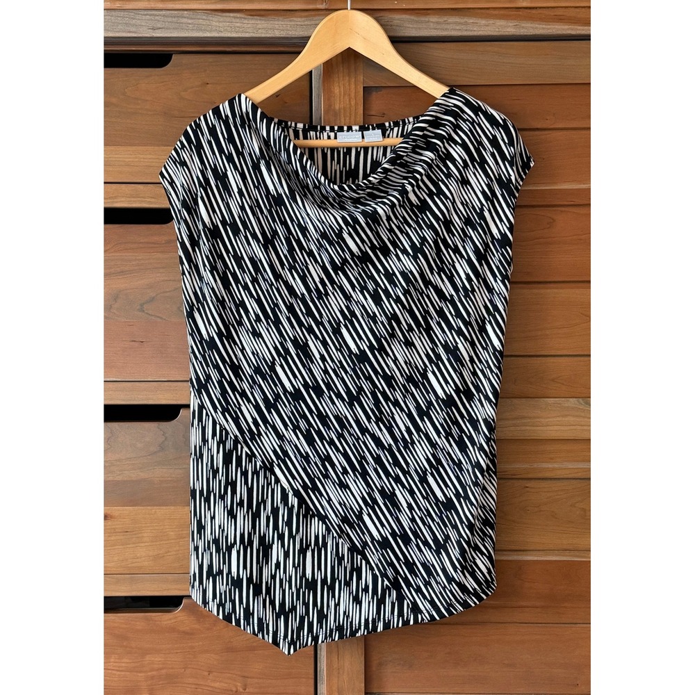 Chico's Travelers Size 1 (8/10) Asymmetric Hem Top Partial Cowl Neck Black Cream